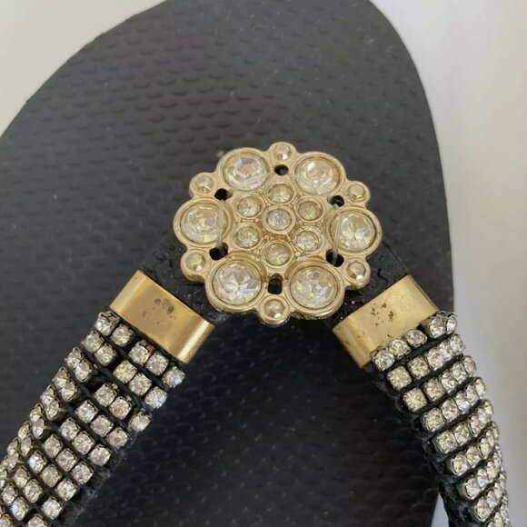 Havaianas Crystal Floral Bling Black Flip Flops Genuine Women's US Size 7/8 Gold - Picture 2 of 9